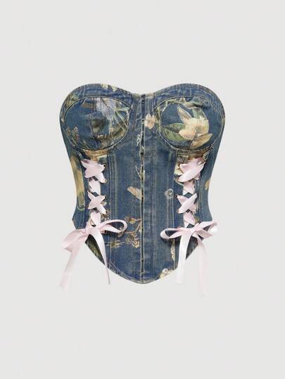 Fairycore Women Y2K Streetwear Sexy Floral Print Cropped Denim Wash Distressed Jean Jacket
