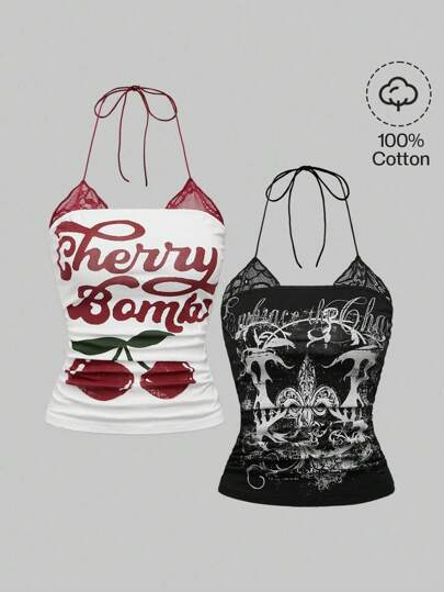 ROMWE 2pcs Set: Retro Cherry Print & Punk Vine Print Splice Lace Mock Neck Plus Size Bodycon Cami Top, Summer Top