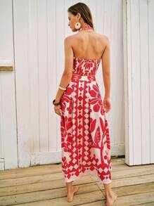 Maija 女士红色夏季套装包括露背露背短款上衣和花卉印花 A 字裙，配有松紧腰带和侧拉链，舒适的夏威夷海滩度假两件套服装
