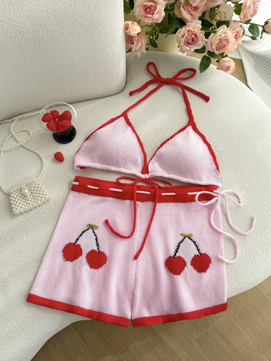 SHEIN Privé 大码樱桃印花吊带上衣和半身裙针织套装 - 粉色 - 查看 1