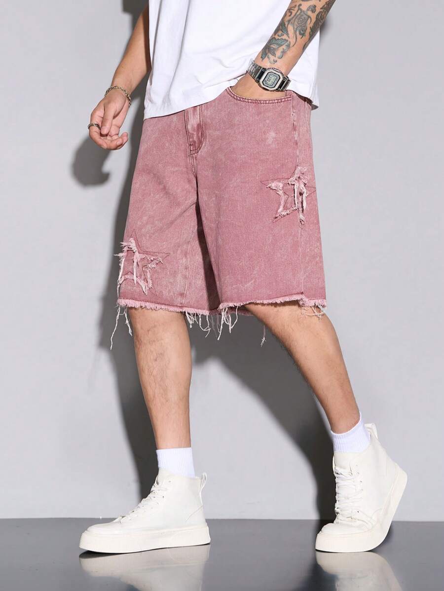 Manfinity EMRG Men's Loose Fit Distressed Five-Pointed Star Pocket Denim Shorts Pink Denim Shorts