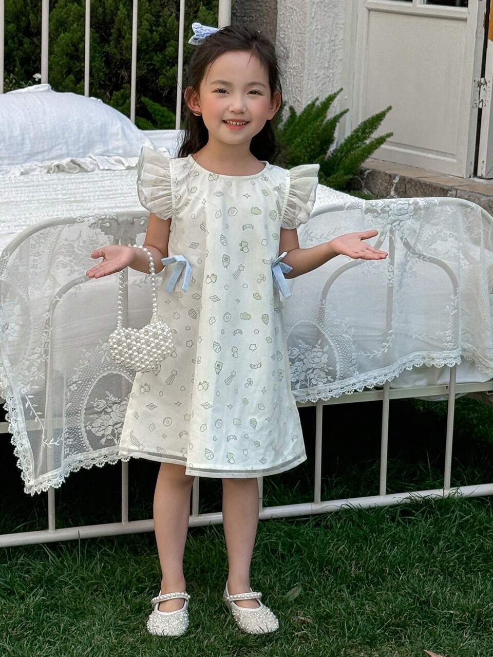 Young Girls Cartoon Allover Print Bow Decorated Cap Sleeve Sweet Midi Dress, Summer