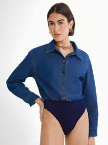Daynim Body de manga larga con hombros caídos de mujer en mezclilla - Azul lavado medio - Ver 3