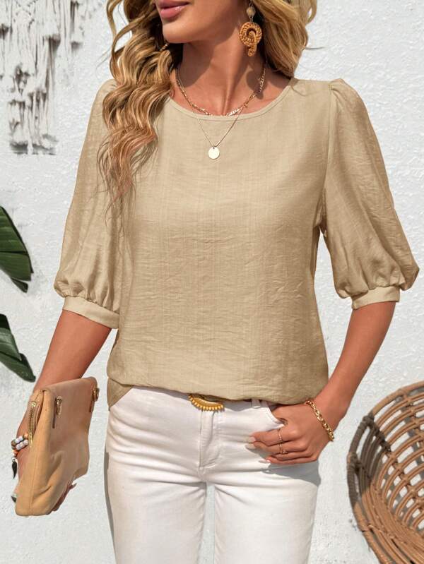 EMERY ROSE Women's Casual Solid Color Lantern Sleeve Blouse For Summer
