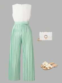 1pc Girls' Fashionable Pleated Jumpsuit, Breezy And Suitable For Outings, Traveling, Green Fresh Style, Summer - Mint Green - View 2