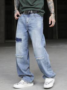 Manfinity Homme Men's Casual Washed Distressed Straight Leg Jeans - Medium Wash - View 5