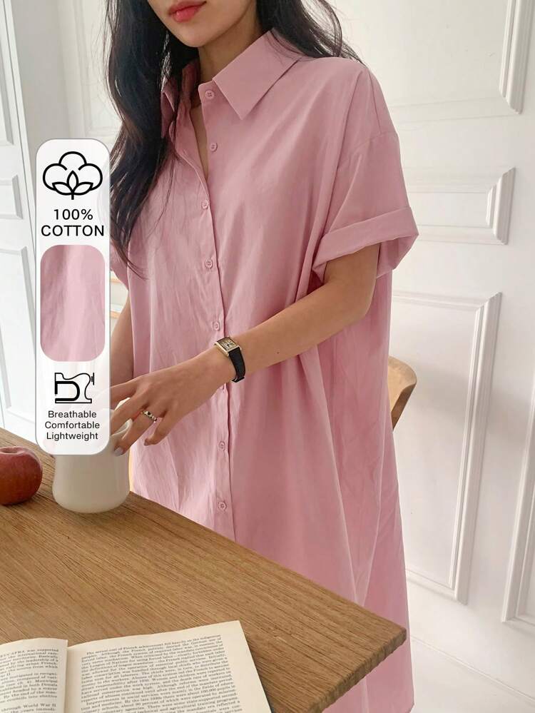 Women Loose Short Sleeve Mid-Length Shirt Dress Maxi Dress