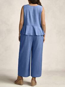 Zelara Plus-Size Women'S Summer Blue Mother's Day Crew Neck Sleeveless Top + High-Waisted Slacks Nautical Casual For Women 2-Piece Set - Blue - View 2