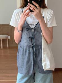 DAZY Women Solid Color Spaghetti Strap Sheer Lace Up Summer Casual Tank Top