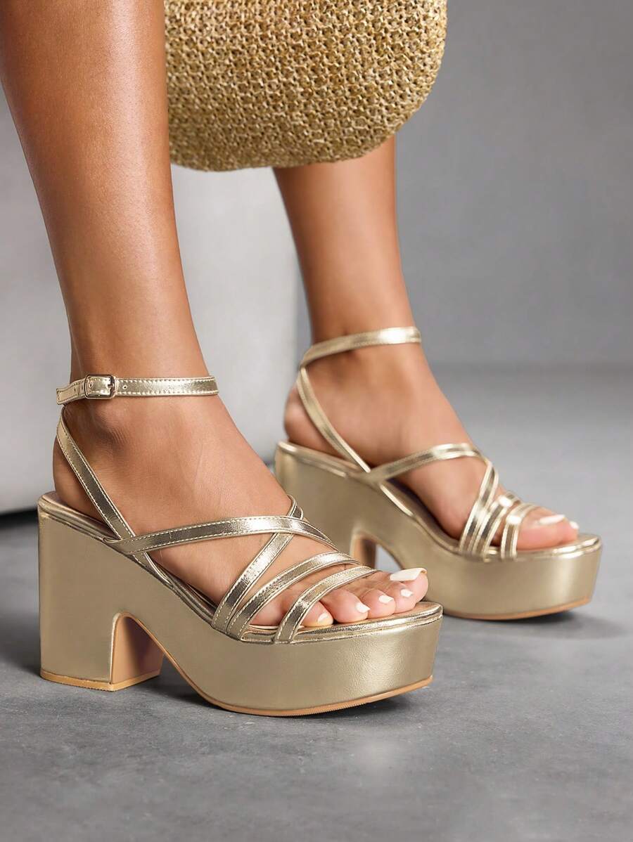 CUCCOO SZL Fashion Gold Strap Thick Bottom Wedge Gold Color High Heels Sandals For Christmas - Gold - View 1