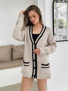 EURMUSE Women Stripe Hem Detailed Front Button Cardigan,Long Cardigans Woman,Petite Cardigans,Cardigans - Cream - View 3