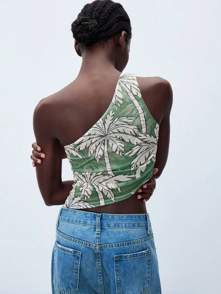 SHEIN Maija 2025 Summer New Sage Green Tropical Rainforest Coconut Tree Print Asymmetrical Cutout Asymmetric Collar Design Casual Sleeveless Top For Women, Fashionable Urban Elegant Romantic Versatile Suitable For Business, Party, Beach, Wedding Guest, Brunch, Independence Day