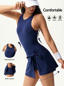 VARSIVA Women's Navy Blue Knitted Tennis Dress With Round Neck And Knot Detail - Navy Blue - View 10