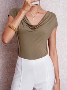 Lavishia Women's Solid Color Batwing Short Sleeve Loose Casual T-Shirt, Summer - Mocha Brown - View 3