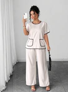 Calvaya Set de 2 piezas conjunto informal de verano elegante y con estilo de color contrastante con bolsillo para vacaciones