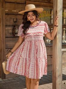 SHEIN LUNE Vestido veraniego de manga corta con cuello redondo para mujer talla grande, con manga acampanada a rayas y volantes, vestido línea A, nuevo año, vestido corto verano, vestido playa, vestido de graduación, romántico y elegante, vestimenta de influencer, ropa cómoda para vacaciones, minimalista, sencilla y de moda, apropiada para uso diario, fiesta elegante, evento diario, vacaciones, estilo boho/bohemio, vestido mini estilizador de cintura.