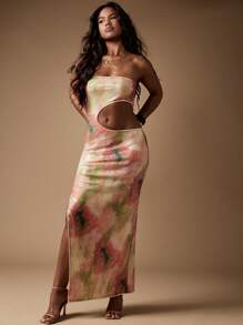 MISSGUIDED Vestido de fiesta largo con abertura, escote bandeau, tintes circulares y lentejuelas para eventos formales, fiestas, bodas y festivales de verano - Multicolor - Ver 1