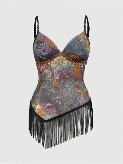 Plus Size Women Retro Hippie Western Music Festival Beaded Fringe Paisley Print See-Through Sleeveless Top