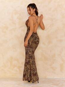 SHEIN SXY 秋季女装；女式蕾丝拼布露背长款露背连衣裙，适合秋冬季分层穿着、鸡尾酒会、浪漫约会、正式聚会、伴娘礼服、夜间外出；节日派对礼服；豹纹裙；美人鱼裙 - 棕色 - 查看 2