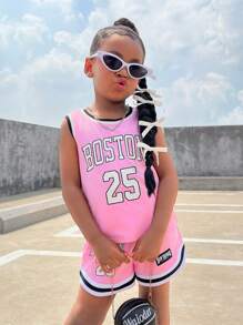 女童休闲运动字母印花上衣和宽松短裤两件套，女童夏季运动套装 - 粉色 - 查看 6