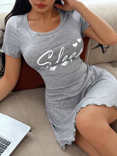 Love Letter Print Short Sleeve Sleep Dress, Ins view 3