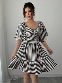 Elenzga Váy midi eo thon giản dị thanh lịch tay ngắn sọc xanh trắng xuân hè mới cho nữ - Đen và trắng - Xem 6