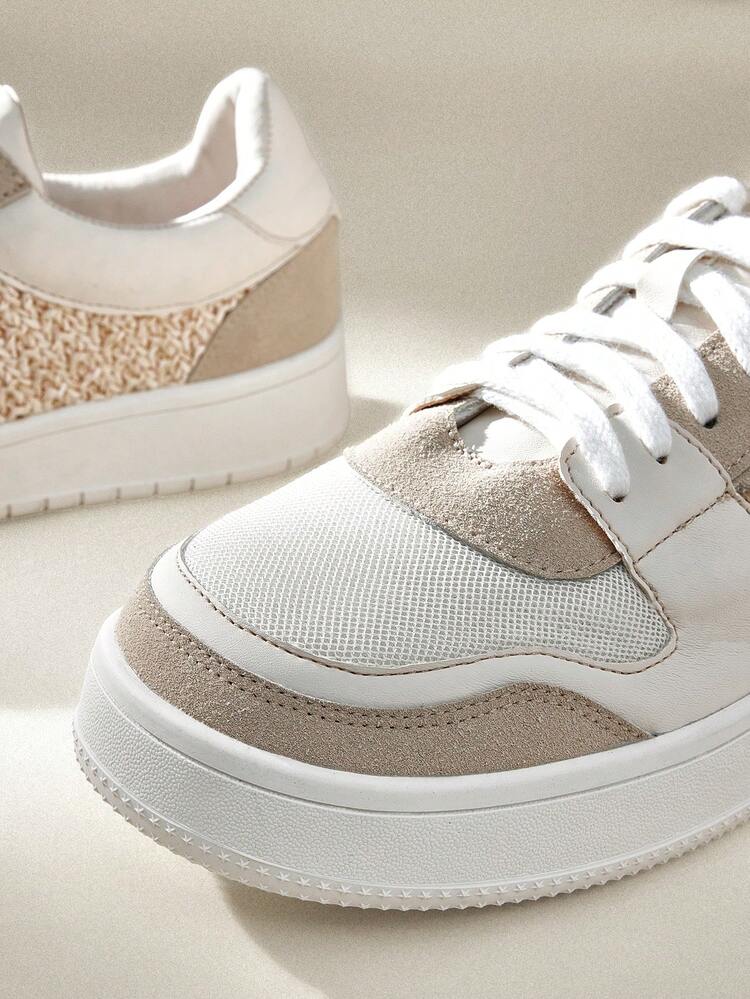 CUCCOO EASI Women's Shoes Patchwork Design Round Toe Thick Sole Casual Sneakers, Fashionable Minimalist Everyday Casual Khaki PU Leather Platform Shoes