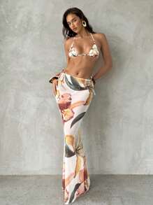 Aloruh 女士热带花卉印花透视低腰鱼尾裙，女士沙滩罩衫，女士度假装，春夏