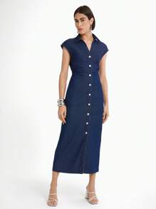 Daynim Vestido recto de mezclilla sin mangas con solapa para mujer