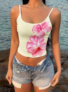 SHEIN EZwear Top de tirantes finos estampado con estilo retro vacacional, estampado tropical de color amarillo crema y floral, adecuado para verano y playa - Multicolor - Ver 3