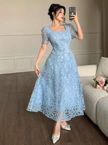 Modelyn 女式法式蕾丝优雅束腰连衣裙 - 藍色 - 查看 6