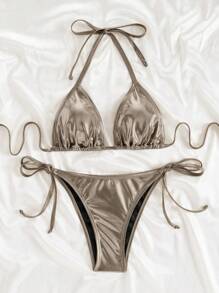 Swim Basics 女士夏季海滩纯色金属吊带性感比基尼两件套泳衣套装 - 銅色 - 查看 3