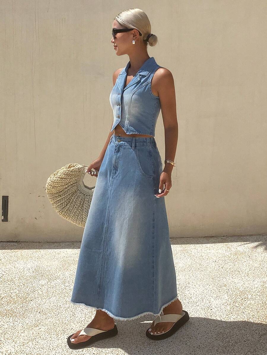 DAZY Conjunto de dos piezas de mujer de mezclilla para vacaciones - Azul lavado medio - Ver 1