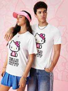 HELLO KITTY AND FRIENDS | SHEIN 1 件男女款休闲卡通字母图案短袖 T 恤，夏季 - 白色 - 查看 3