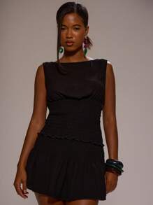 MUSERA Top ajusté sans manches en mousseline de soie avec encolure bateau et corsage froncé. Idéal pour le printemps, l'été, les vacances, la plage, élégant, mignon, sexy, bohème, anniversaire, festival, désert, orchidée - Noir - Voir 1