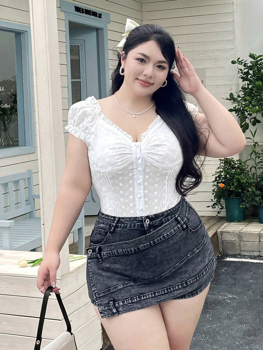 SHEIN ICON Plus Size Women's Elastic Black & Gray Fashionable Denim Skort Shorts, Summer