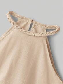 Ontre 2pcs Set Tween Girls Fashion Unique Crochet Style Halter Ruffled Hem Loose Solid Color Pants Casual Outdoor Summer Vacation Soft Comfortable Minimalistic & Versatile - Khaki - View 6