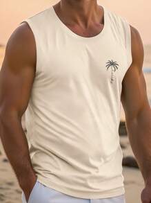 Manfinity Chillmode 男士休闲运动印花无袖上衣，夏季 - 卡其色 - 查看 1