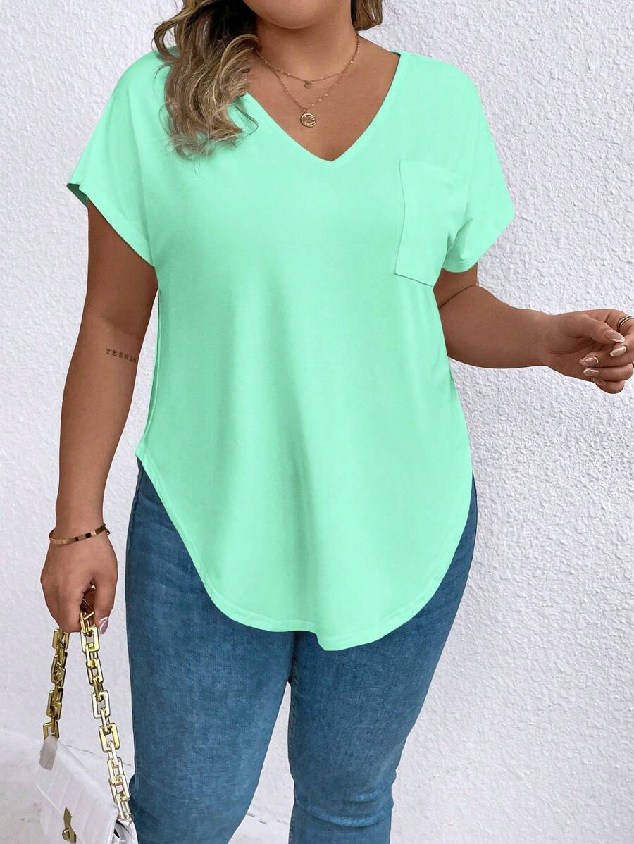 EMERY ROSE Plus Size Simple Solid Color Curved Hem Casual T-Shirt, Summer - Green - View 1