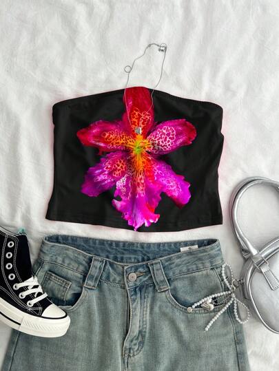 SHEIN EZwear Áo crop top in hoa giản dị dành cho nữ, thích hợp cho mùa hè và kỳ nghỉ