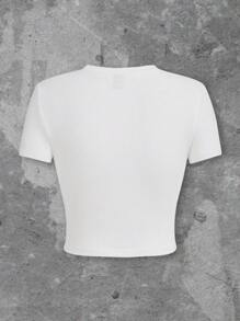 Tseoso 休闲字母和图案印花圆领短袖修身女式T恤 - 白色 - 查看 2