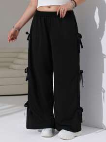 SHEIN EZwear Pantalón de chándal holgado de talla grande con lazo negro vintage