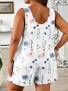 EMERY ROSE Plus Size Ditsy Floral Casual Jumpsuit, Suitable For Spring & Summer, Festival & Vacation Wear Suitable For Going Out