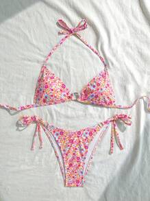 Swim Vcay Women's Summer Ditsy Floral O-Ring Halter Neck Bikini 2-Piece Swimwear Set