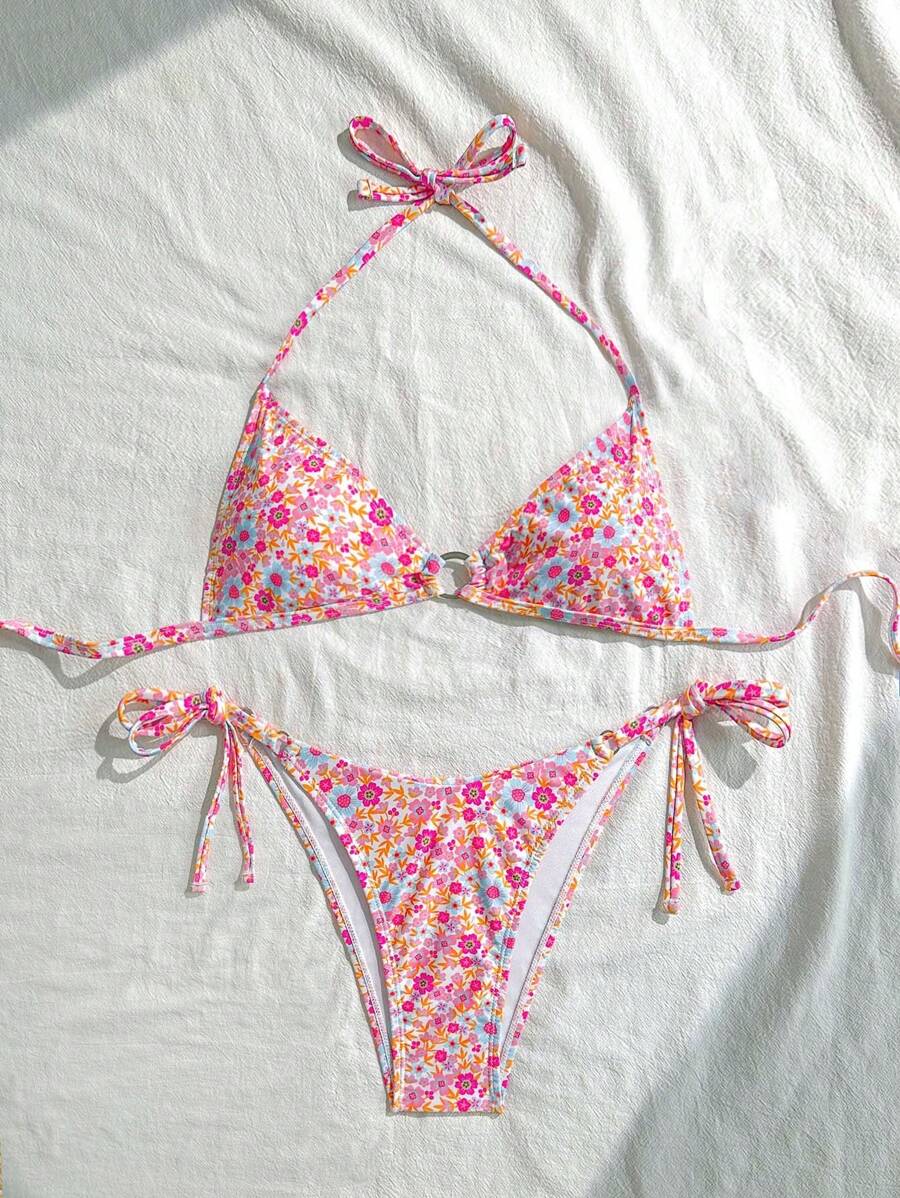 Swim Vcay Women's Summer Ditsy Floral O-Ring Halter Neck Bikini 2-Piece Swimwear Set
