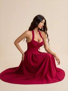 SHEIN Tall 女式纯色褶裥前系带露背中长连衣裙 - 紅色 - 查看 3