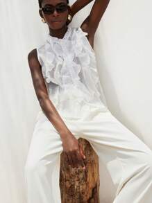 Aveloria Modichic Áo cánh kiểu Pháp không tay nhiều lớp voan xếp nếp kết cấu màu trắng thanh lịch lãng mạn đa năng dành cho nữ - trắng - Xem 3