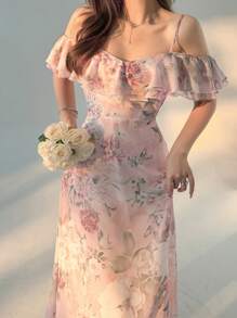 DAZY Women's Long One Shoulder Ruffled Hem Floral Print Dress, Summer Birthday Party Outfit,Back To School Clothes - Pink - View 5