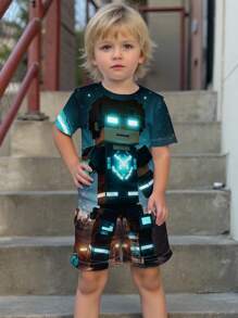 2 Pieces Young Boy Casual Minimalist Classic Cool Futuristic Cyberpunk Pixel Block Mechanic Hero Warrior Print Crew Neck Short Sleeve T-Shirt And Shorts Set, Suitable For Summer - Multicolor - View 2
