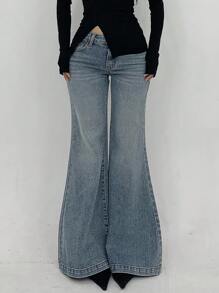 DAZY 女士低腰喇叭牛仔裤，休闲性感纯色简约风格牛仔裤 - 淺色水洗藍 - 查看 7